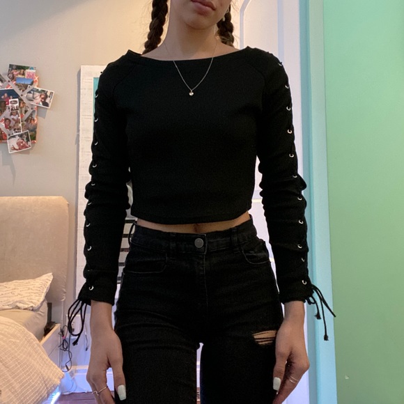 Black Lace Up Sleeve Top - Picture 3 of 5